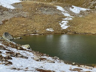 High alpine lakes next to the mountain hut (Chamanna da Grialetsch CAS or Grialetsch-Hütte SAC) in the massif of the Albula Alps, Zernez - Canton of Grisons, Switzerland (Kanton Graubünden, Schweiz)