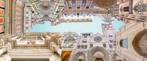 Collage of views of Girona Cathedral in Spain, Basilica of Santa Maria del Fiore in Florence, Italy, St. Mark Basilica, Cathedral San Lorenzo in Genoa, Cathedral Notre-Dame Strasbourg, France.