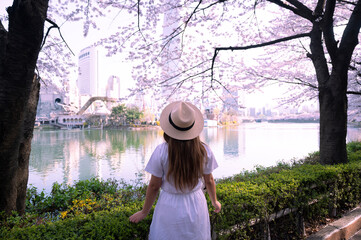 Asian lady travel in cherry blossom park in Seoul city, South Korea with Sakura flower and Lotte World Tower and Seokchon Lake background.