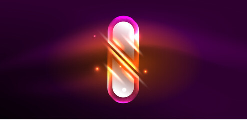 Neon glowing geometric shapes vector abstract background. Round elements, light effects and glass glossy style with color backdrop. Space cosmic or magic energy wallpaper