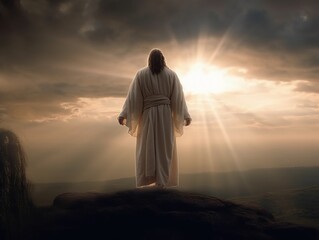 Resurrected Jesus Christ, dimly seen by backlight, ascended on bright skies and clouds