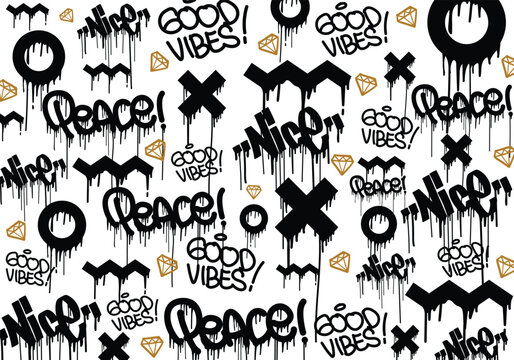 Seamless graffiti art illustration pattern. Graffiti background with throw-up and tagging hand-drawn style. Street art graffiti urban theme for prints, banners, and textiles in vector format.
