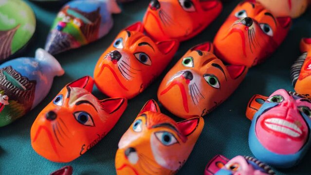 Static shot of Japanese devil masks that look horror and screamy. Japan artists.