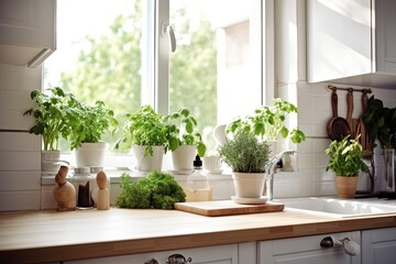 Kitchen with white cabinets wooden countertops and potted herbs on the windowsill in the morning light with a natural and organic style | Generative AI