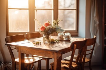 A cozy and rustic dining room with a wooden table vintage chairs and floral centerpieces in the golden hour light with a warm and inviting style | Generative AI