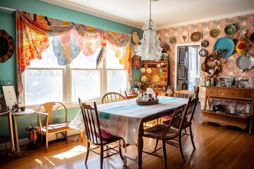 Fototapeta na wymiar Eclectic dining room with mismatched chairs patterned tablecloths and vintage decor in the midday light with a playful and whimsical style | Generative AI