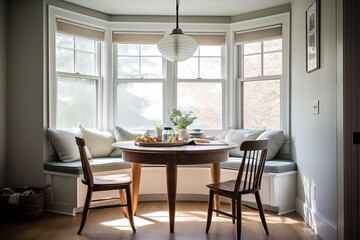 Breakfast nook with a built-in bench a round table and plenty of natural light in the morning light with a casual and relaxed style | Generative AI
