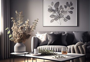 Interior of a white and gray modern living room with a tea table, decorations, and dry plants. mock up of an illustration. Generative AI