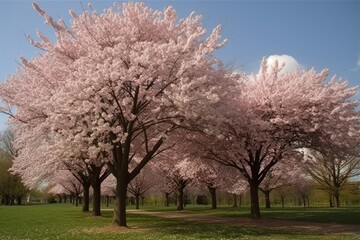 Naklejka premium Cherry blossom trees in bloom a classic symbol of springtime | Generative AI