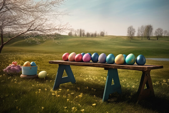 Easter eggs on a bench in front of a field