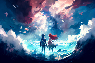 anime couple in the ocean. Generative AI, Generative, AI