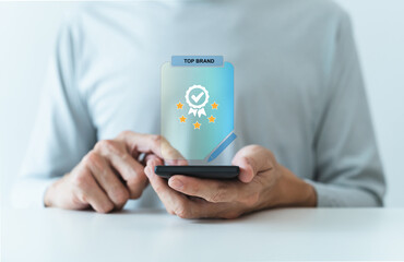 Happy customer or client review best product performance and excellent service quality feedback. Corporate or company positive reputation online survey, good evaluation rating and ranking