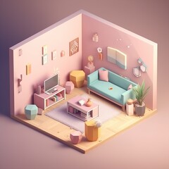Centered, very cute, isometric view, unique clay 3d icon curved low poly, 3D Isometric Cute Living Room