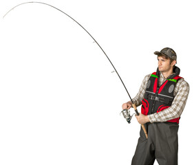 Male fisherman with fishing rod isolated on white
