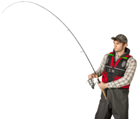 Male fisherman with fishing rod isolated on white