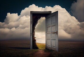 surreal open door in the middle of nature with a cloud above. Generative AI