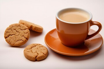 photo of latte and freshly baked cookies isolated on white background