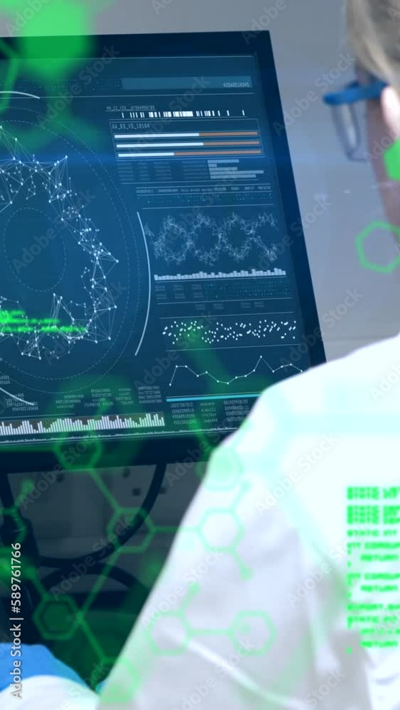 Poster animation of scientific data processing over female scientist using computer