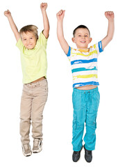Two Smiling Children , Friends Jumping for Joy