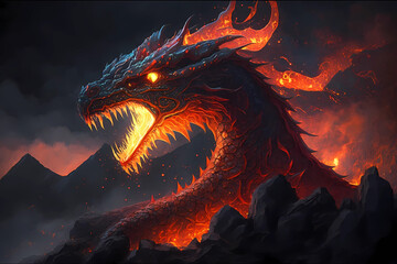 Fire dragon on the volcano. AI generation