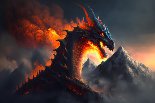 Fire dragon on the volcano. AI generation
