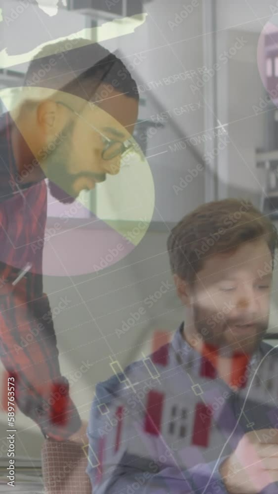 Poster animation of data processing with statistics over business people using talking