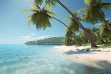 Obraz na płótnie Canvas Sunny tropical Caribbean beach with palm trees and turquoise water, Caribbean island vacation, hot summer day, Generative AI 