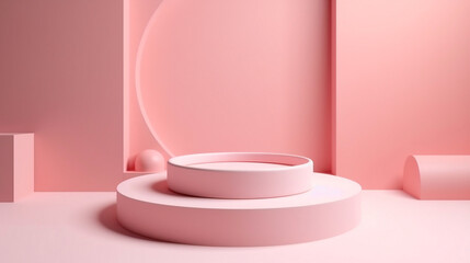 Empty pink podium product display stand minimal pedestal on pink background