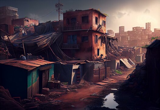 illustration of Slum landscape, inspired from Dharavi slum in Mumbai, India. Generative AI