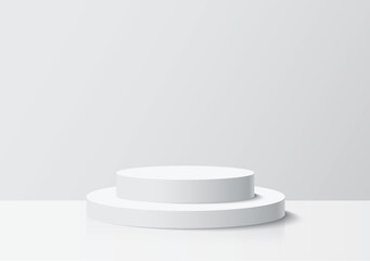White cylinder stage pedestal podium with background. Use for product display presentation, showcase, mock up.