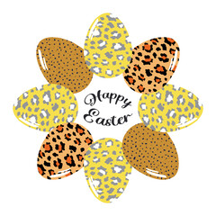 Happy Easter. Stylish trendy postcard with cute painted eggs in a predatory leopard design on a white background. 