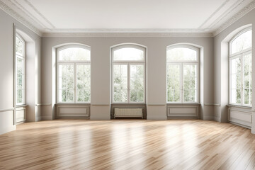 Large bright and modern interior of a new apartment with three tall windows and a wooden parquet floor. Generative ai