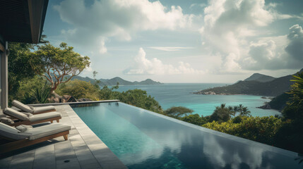 Patio with an infinity pool in the Seychelles. Generative AI - obrazy, fototapety, plakaty