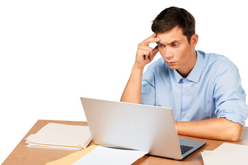 Portrait of young man using laptop isolated on white background