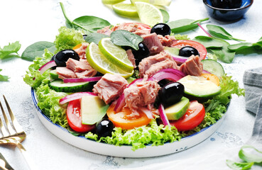 Fresh tuna salad with avocado, red tomato, cucumber, black olives, spinach, onion and lettuce. White table background, top view