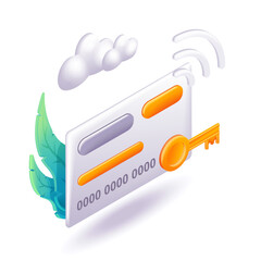 Trending 3D Isometric, cartoon illustration. Credit card security concept. Vector icons for website