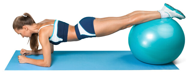 Young woman training with Fitness Ball on white background