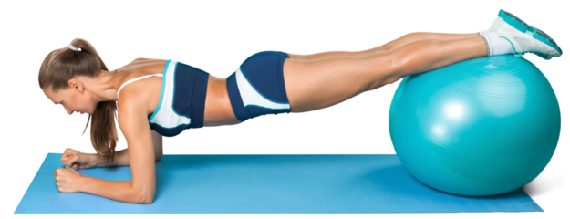 Young woman training with Fitness Ball on white background