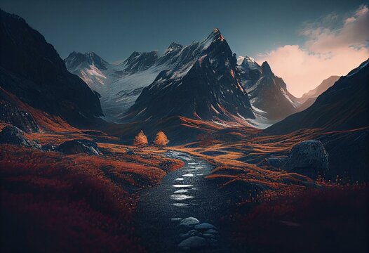 Beautiful and inspirational mountain landscape. Generative AI © Randy