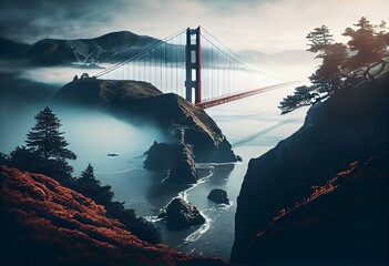 View of San Francisco's Golden Gate Bridge with fog from a mountaintop. Generative AI - obrazy, fototapety, plakaty
