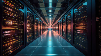 Fototapeta premium High-tech and futuristic interior of a massive data center. Generative AI