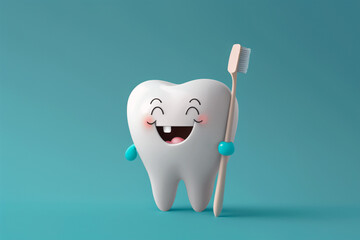 Smiling happy tooth cartoon dental character holding a toothbrush 3d illustration. Generative AI