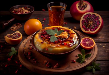 Traditional Turkish delicious mixed dessert, ashura (asure) with pomegranate seeds, walnut, apricot, Noah’s pudding. Generative AI
