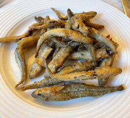 Small fried fish served on a white dish.