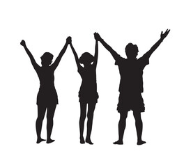 Silhouette of family woman, man and teenage child standing with raised hands in greeting. Vector illustration