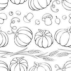 Vector seamless pattern of autumn harvest symbols: pumpkins, wheat ears, berries, mushrooms in doodle style. Outline background, texture. Theme: forest, happy autumn, Thanksgiving