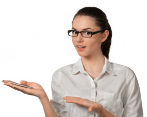 Young Woman Holding Pen and Pointing with Palm - Isolated