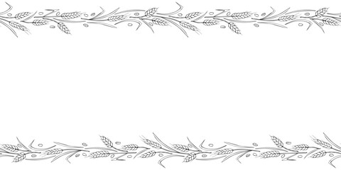 Vector Background, frame made of outline wheat or rye ears in doodle style. Horizontal top and bottom edging, border, decoration on theme of bakery products, flour, harvest, thanksgiving