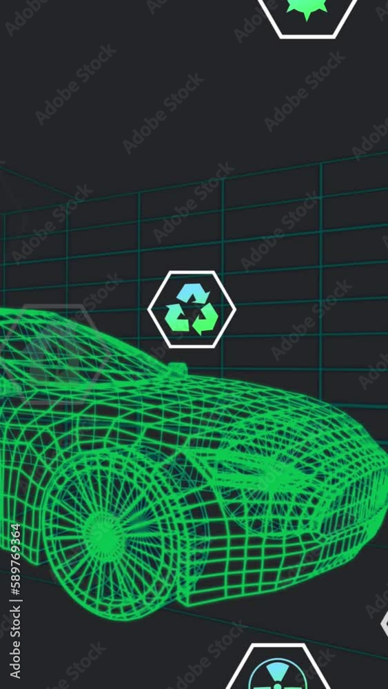 Poster animation of icons processing status data over 3d car model moving on black background
