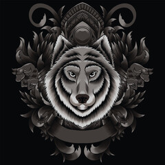 wolf head illustration with baroque ornament